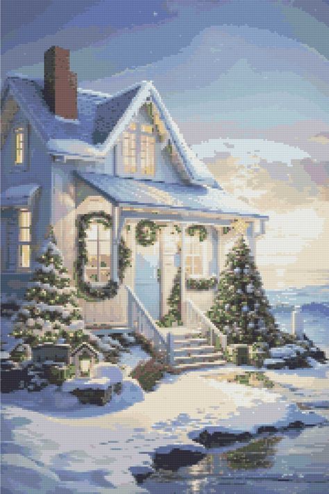 Seaside Christmas Diamond Painting Kit by Art by Sals A Homespun  Hobby Christmas Cottage Painting, Christmas On The Beach Painting, Seaside Town Art, Snow Cabin Painting, Village By The Sea Painting, Seaside Christmas, Pen Tray, Christmas Diamonds, Coastal Holiday