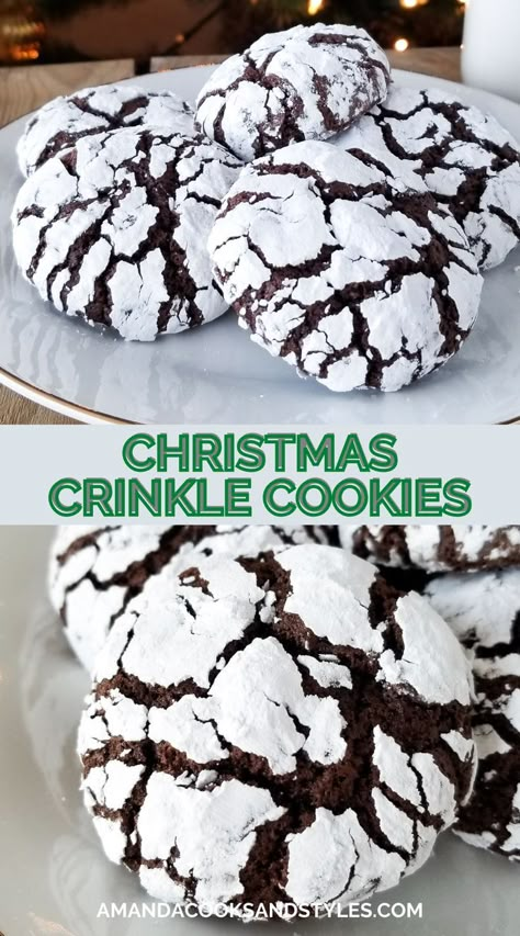 Christmas Crinkle Cookies, Powdered Sugar Cookies, Chocolate Crinkle Cookies Recipe, Cookies 2023, Chocolate Christmas Cookies, Crinkle Cookies Recipe, Chocolate Crinkle, Christmas Baking Recipes, Chocolate Crinkle Cookies