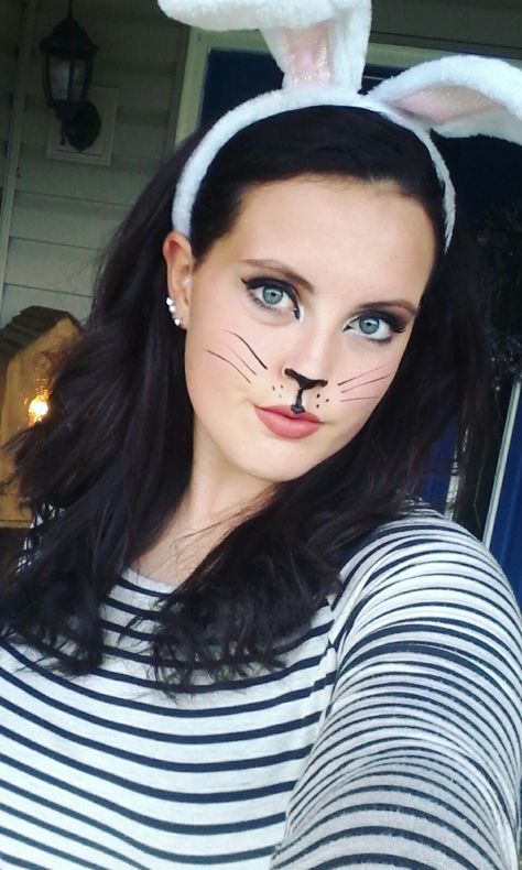 Cute bunny makeup :// 10~31~16 🎃 Bunny Rabbit Face Paint, Simple Bunny Makeup Halloween, Simple Bunny Face Paint, Bunny Makeup Halloween Kids, Kids Bunny Makeup, Rabbit Makeup Easy, Bunny Face Paint For Women, Bunny Makeup Easy, Black Bunny Costume Makeup