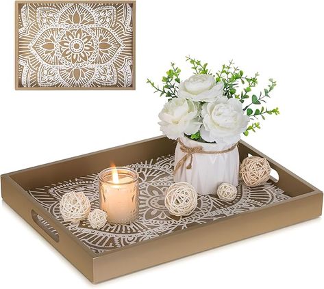 Amazon.com: Decorative Serving Tray with Handles - Hanobe Floral Wooden Coffee Table Trays for Ottoman Centerpiece Decor Rectangular Rustic Boho Wood for Living Room Counter, Brown : Home & Kitchen Tray For Ottoman, Delicate Mandala, Coffee Table Trays, Table Trays, Large Serving Trays, Vintage Serving Trays, Serving Tray Decor, Tray With Handles, Ottoman Tray