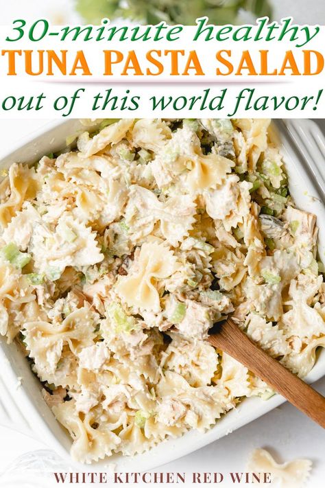 A delicious tuna salad that is packed with protein, vegetables, and topped with an easy-to-make cheddar onion dressing. A classic American family meal! Tuna Pasta Salad has so many variations and each person likes a pasta salad made a little differently....My Tuna Pasta Salad combines tuna, bow tie pasta, and dill pickles tossed with an onion cheddar dressing. | @whitekitchenredwine #healthytunasalad #healthycomfortfood #healthyquicktunapastasalad #lighttunasalad Pasta Salad Dinner Recipes, Pasta Salad Dinner, Healthy Tuna Pasta Salad, Healthy Tuna Pasta, Tuna Pasta Salad Recipes, Delicious Healthy Salads, Tuna Pasta Salad, Bow Tie Pasta, Healthy Foods To Make