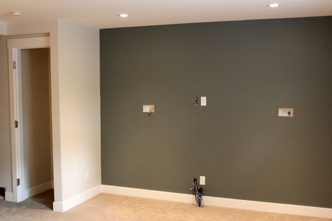 Our Basement Renovation- Update on paint colors, snack bar cabinets and hardware Basement Colours, Family Room Design With Tv, Basement Wall Colors, Basement Color, Theatre Rooms, Basement Update, Backsplash Options, Basement Paint, Basement Colors