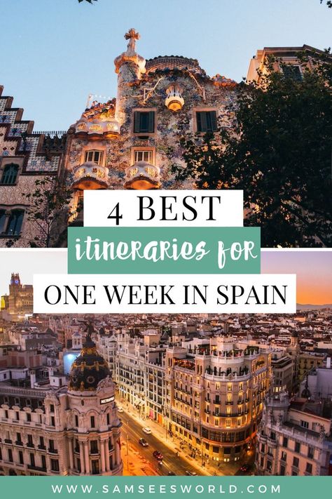 Looking to spend one perfect week in Spain and want to ensure you have the best itinerary for your travel wants and needs? Then check out these 4 Spain itineraries all with their own unique charm. 1 Week In Spain, Spain 7 Day Itinerary, Trip To Spain Travel Guide, France And Spain Itinerary, 7 Days In Spain Itinerary, South Of Spain Travel, Best Spain Itinerary, Spain And Italy Itinerary, Spain And France Itinerary