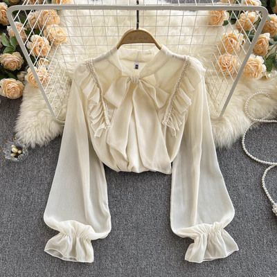 Frilly Top Outfit, Frilly Outfits, Frilly Tops, Business Blouse, Frilly Top, Sleeve Ruffles, Ruffle Beading, Pearl Beading, Women Design