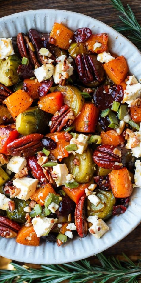 Savor a Maple-Cinnamon Roasted Veggie Medley, topped with creamy feta and crunchy pecans - a sweet and savory delight! #RoastedVeggies #FallFlavors #HealthyEating #Feta #MapleCinnamon Christmas Fun Food Ideas, Winter Veggie Side Dishes, Roasted Veggie Medley, Veggie Medley, Savory Meatballs, Meatball Dinner, Winter Veggies, Recipes Vegetables, Creamy Feta