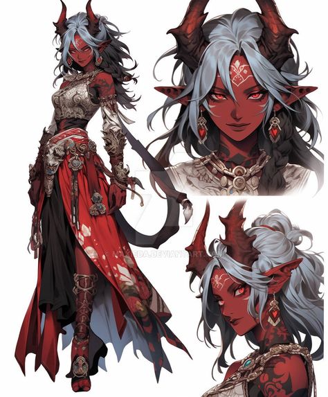 Dnd Curse Of Strahd Character Ideas, Rose Themed Character Design, Dnd Demon Character, Nightsong Bg3, Dnd Tiefling Female Character Design, Dnd Characters Tiefling, Female Oni Character Art, Oni Tiefling, Dragon Woman Art