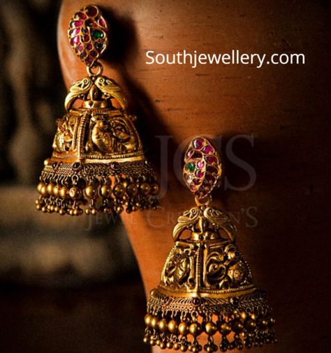 Peacock Nakshi Jhumkas photo Kundan Buttalu, Buttalu Models, Nakshi Jhumkas, Bridal Jhumkas, Temple Jewellery Jhumkas, Temple Jewellery Earrings, Maang Tika, Simple Jewellery, Antique Gold Earrings