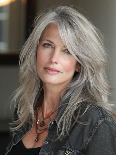 Elegant Long Haircuts for Women Over 50: Timeless and Flattering Styles Long Layered Salt And Pepper Hair, Haircuts For Long Layers, 50 Long Hair Over 50, Long Haircut For Fine Hair Straight Side Part, Long Hairstyles Older Women, Long Hairstyles For Women Over 50 Bangs, Long Layers Over 50, Long Layered Gray Hair Over 50, Medium Length Haircut Gray Hair