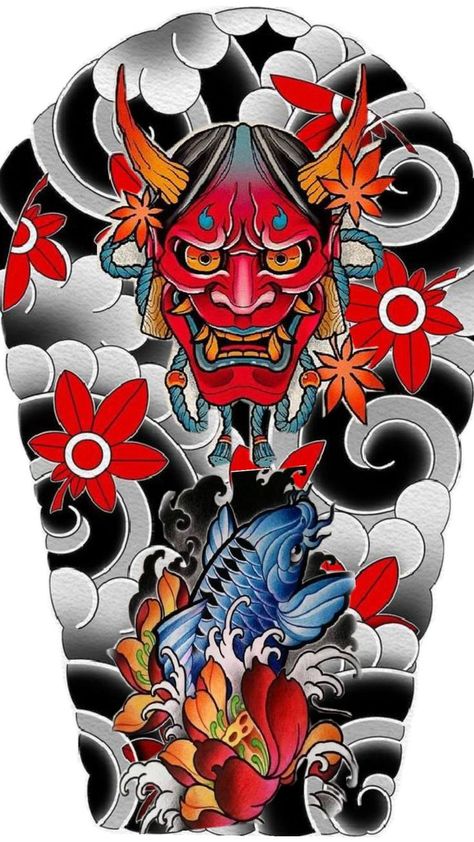 Japanese Sleeve Tattoo Design, Hanya Mask Tattoo Design, Japanese Sleeve Tattoo, Hanya Mask Tattoo, Mask Tattoo Design, Traditional Japanese Tattoo Designs, Hannya Mask Tattoo, Koi Tattoo Design, Geometric Sleeve Tattoo