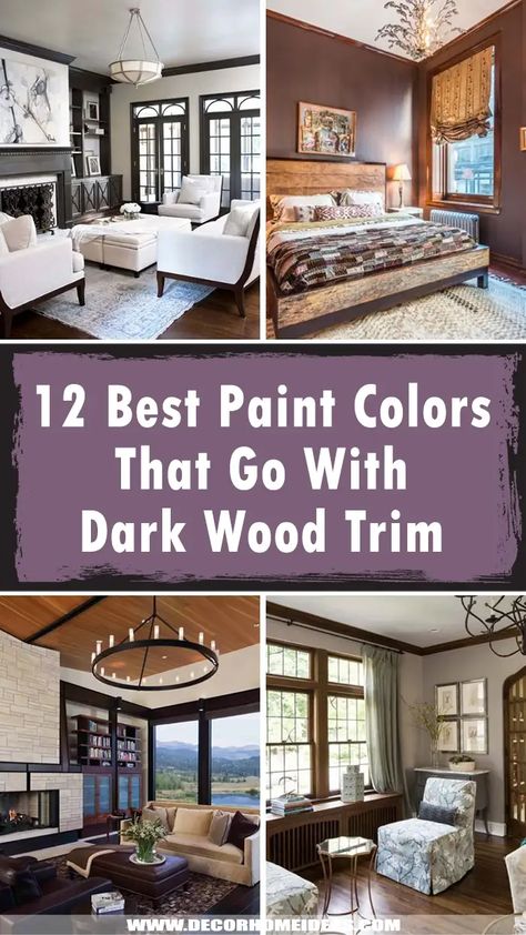 Dark Woodwork Light Walls, Wall Colors That Go With Dark Wood Floors, Wall Colors For White Floors, Wall Paint Colors With Wood Trim, Interior Paint With Wood Trim, Dark Oak Trim Living Room, Dark Walls With Wood Trim, White Walls With Dark Brown Trim, White Walls Dark Wood Trim