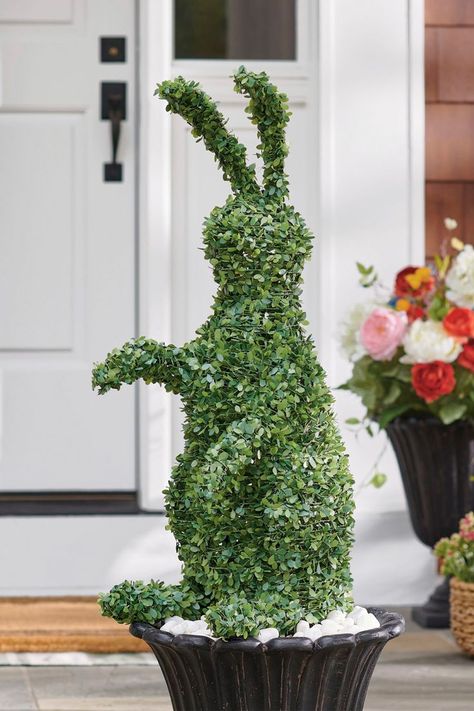 This whimsical bunny rabbit faux boxwood topiary can be used as an urn filler or staked down on the lawn - no pruning skills or watering required. Easter Church Decor, Bunny Topiary, Easter Yard Decorations, Whimsical Bunny, Spring Decor Ideas, Easter Gift Ideas, Church Easter Decorations, Easter Pillows, How To Tie Ribbon