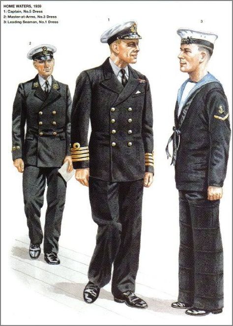 ROYAL NAVY - Home Waters, 1939 - 1) Captain, N. 5 Dress - 2) Master at Arms, N. 3 Dress - 3) Leading Seaman, N. 1 Dress. Royal Navy Uniform, Marines Uniform, Royal Navy Officer, Wwii Uniforms, Ww2 Uniforms, British Uniforms, Navy Uniforms, British Armed Forces, Navy Sailor