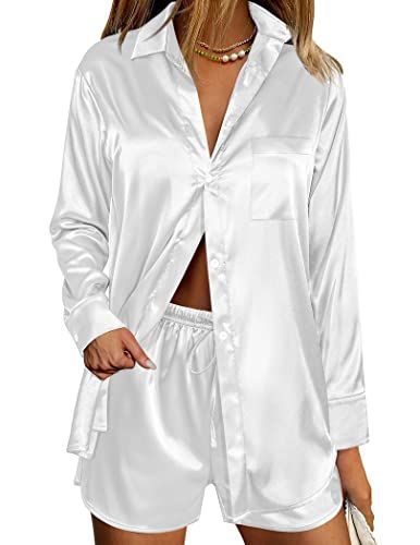 Satin Shirts, Shirts And Shorts, Silk Satin Fabric, Short Loungewear, Satin Long Sleeve, Soft Pajamas, Satin Pyjama Set, Satin Pajamas, Sleepwear Sets