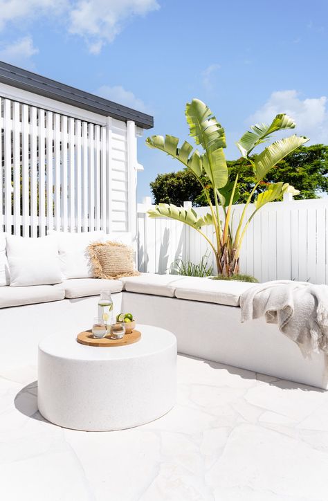 Front Yard Makeover, Yard Makeover, Limestone Paving, Crazy Paving, White Fence, Greenhouse Interiors, Coastal Gardens, Backyard Inspo, Home Magazine