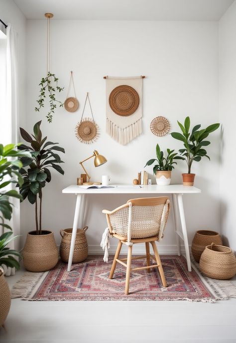 Scandi Boho Decor Boho Workspace, Interior With Plants, Scandi Boho Living Room, Scandi Boho Interior, Scandi Kids Room, Boho Desk, Boho Decor Ideas, Boho Entryway, Scandi Interior