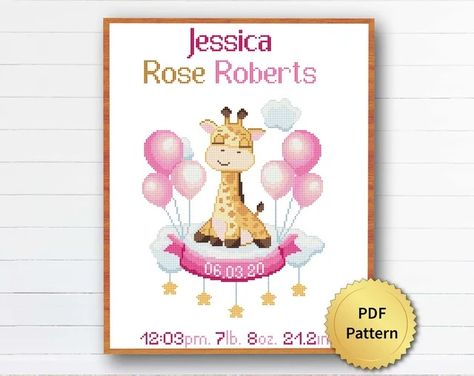 View OTHER Cross Stitch by 4StitchLV on Etsy Birth Announcement Cross, Heart And Flowers, Unique Cross Stitch, Pink Giraffe, Baby Cross Stitch Patterns, Birth Announcement Girl, Baby Cross, Cute Giraffe, Gifts For New Parents