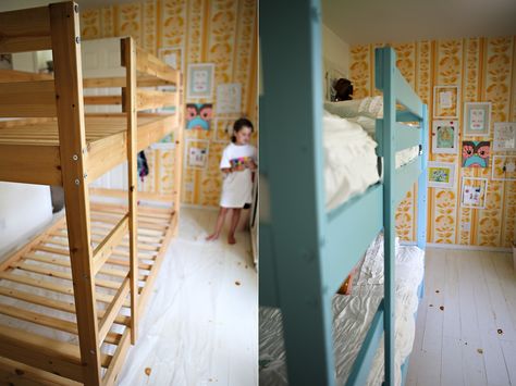 Mydal pine bed - painted Ikea Mydal Bunk Bed, Mydal Bunk Bed, Painted Bunk Beds, Ikea Mydal, Sibling Bedroom, Season Painting, Pine Bunk Beds, Ikea Bunk Bed, Pine Beds