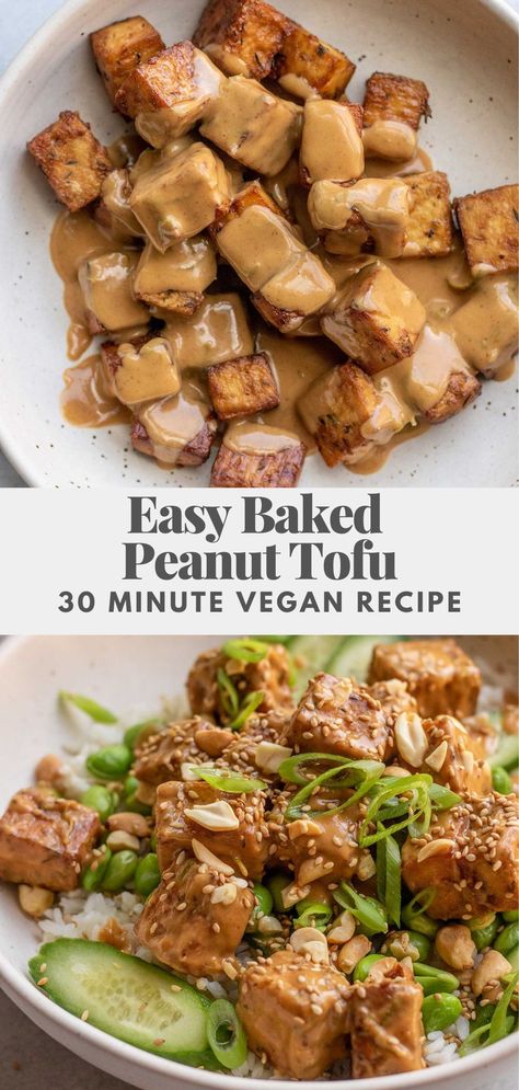 Easy Baked Peanut Tofu, the perfect beginner vegan recipe that’s ready to eat in 30 minutes. Crispy baked tofu tossed in a savory and tangy peanut sauce. Broke Vegan Meals, Peanut Tofu Recipes, Firm Tofu Recipes Easy, Low Carb Tofu, Peanut Sauce Tofu, Easy Tofu Recipes, Vegan Tofu Recipes, Beginner Vegan, Peanut Tofu