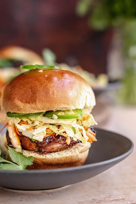 Braised Pork Belly Sliders With Asian Slaw | Foodtalk Pork Belly Sliders, Braising Liquid, Asian Pork Belly, Pepperoni Bread, Chinese Five Spice, Pork Belly Slices, Slaw Dressing, Plum Recipes, Braised Pork Belly