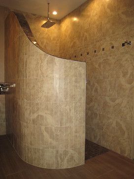 curved  shower wall with glass tile | Houzz - Home Design, Decorating and Remodeling Ideas and Inspiration ... Curved Shower Wall, Doorless Shower, Small Bathroom With Shower, Bathroom Shower Design, Bathroom Shower Walls, Bathroom Plans, Shower Designs, Loft Ideas, Bathroom Shower Tile