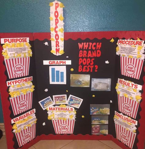 Popcorn Science Fair Project Science Fair Projects Popcorn, Popcorn Science Fair Project Board, Food Science Fair Projects, Stem Fair Project Ideas, 5th Grade Science Fair Projects Ideas, Popcorn Science Fair Project, Popcorn Science, Winning Science Fair Projects, Kids Science Fair Projects