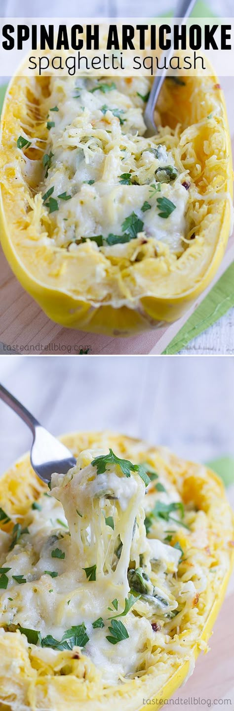 A healthier way to serve a favorite dip, this Spinach Artichoke Spaghetti Squash Recipe has squash combined with spinach, artichokes, and a creamy cheese sauce. Spinach Artichoke Spaghetti Squash, Artichoke Spaghetti Squash, Artichoke Spaghetti, Canned Artichoke, Mexican Crema, Garlic Spinach, No Meat, Food Vegetarian, Low Carb Vegetarian Recipes