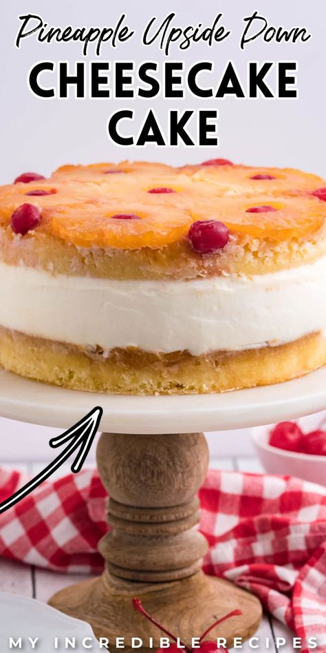 Pineapple Upside Down Cheesecake Cake Recipe, Pineapple Upside Down Cheesecake, Upside Down Cheesecake, Summer Cheesecake, Pineapple Dream Dessert, Cheesecake Cake Recipes, Cake Portions, Soft Cake, Pineapple Desserts