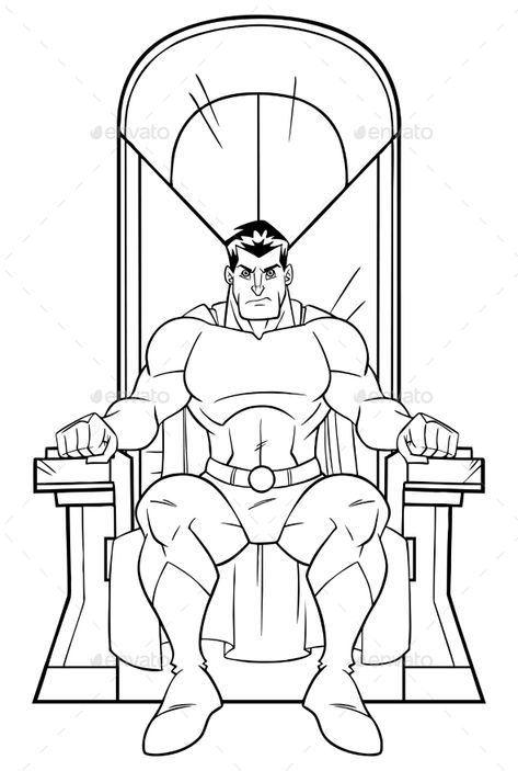 Superhero on Throne Line Art #Throne, #Superhero, #Art, #Line Character Sitting On Throne Reference, Throne Poses Drawing, Sitting On Throne Pose Drawing, Person Sitting On Throne Reference, King Sitting On Throne Drawing, King Sitting On Throne Pose, Sitting On Throne Reference, King Drawing Character Design, Throne Drawing Reference