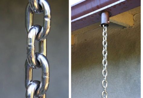 Stainless Steel Link Rain Chain: Gardenista Modern Rain Chains, Rain Chain Ideas, Rain Chain Diy, Down Spout, Rustic Pergola, Pergola Curtains, Chain Ideas, Rain Barrels, Rain Chains