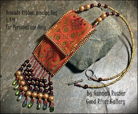 Newly Updated beading kit! The Brocade Ribbon Amulet Bag or Memory Stick Bag - Lampwork Etc. Easy Beading, Diy Brooch, Amulet Bag, Ribbon Bag, Music Bag, Beaded Strap, Orange Wine, Medicine Bag, Amulet Necklace