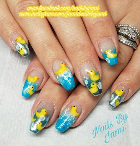 Rubber Ducky Baby Shower Nails. Follow me on Facebook at www.facebook.com/nailsbyjami and on Instagram at www.instagram.com/jamidnailsbyjami Rubber Ducky Nails, Rubber Duck Nail Art, Duck Nails Design Ideas, Rubber Duck Nails, Ducky Nails, Mani Inspiration, Shower Nails, Beige Nails Design, Baby Shower Nails