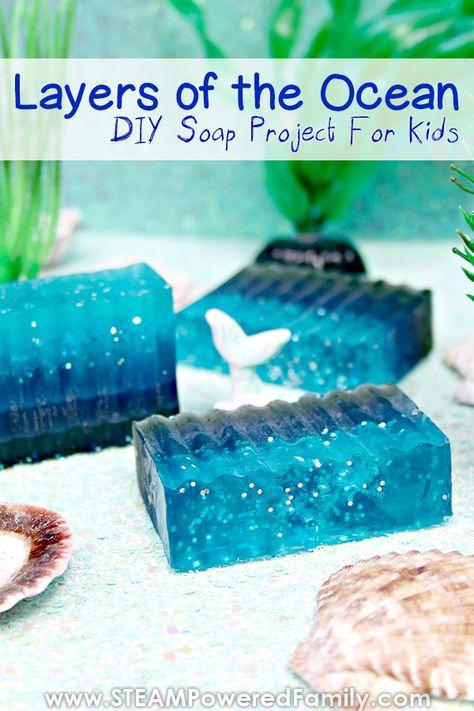 A gorgeous and easy Layers of the Ocean soap making project for kids. Learn about the 5 layers of the ocean in a sustainable and beautiful way. A fantastic project and the results make wonderful kid made gifts. #SoapMaking #LayersOfTheOcean Shark Week Crafts For Teens, Ocean Layers Project, Ocean Layers Activity, Ocean Crafts Adults, Ocean Crafts For Teens, Ocean Themed Crafts For Older Kids, Ocean Activities Middle School, Layers Of The Ocean Activities For Kids, Ocean Homeschool