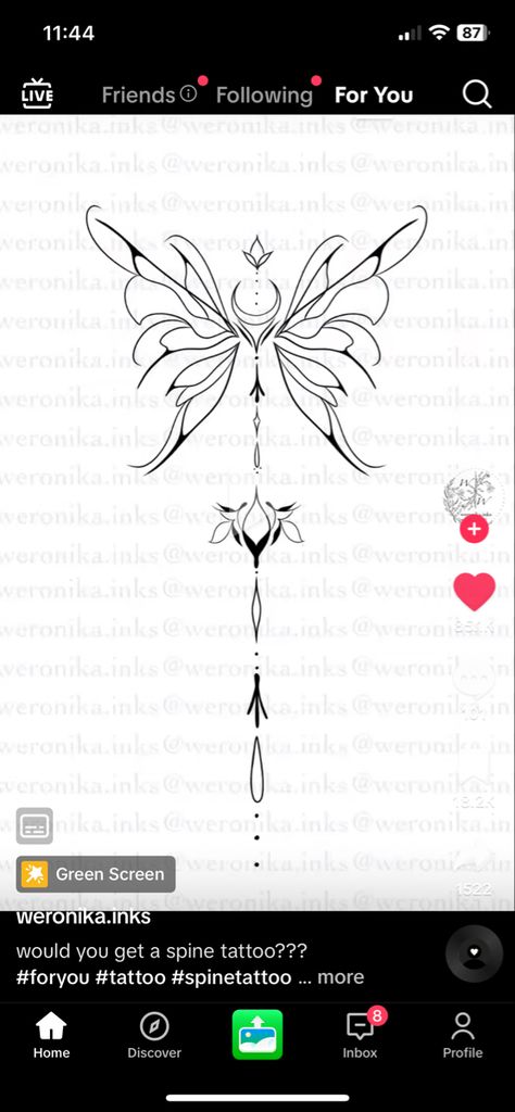 Spine Tattoos With Wings, Angel Wings Spine Tattoo, Spine Tattoo With Wings, Spine Tattoos With Butterflies, Fairy Spine Tattoo, Wing Spine Tattoo, Minimalistic Spine Tattoo, Spinal Tattoos For Women, Wings Spine Tattoo