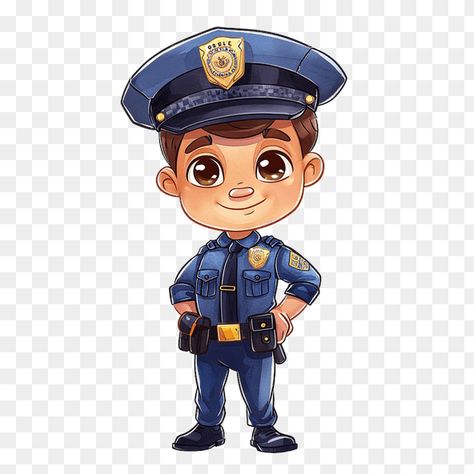 The image shows a cute police officer. He is wearing a blue uniform, a hat, and a badge. He has brown hair and big brown eyes. He is smiling and looks friendly. Policeman Cartoon, Cute Police Officer, Police Art, Classroom Window, Friendship Quotes Images, Blue Uniform, Jobs In Art, Big Brown Eyes, Cute Cottage