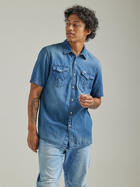 Men's Western Denim Shirt | Men's SHIRTS | Wrangler® Short Sleeve Denim Shirt Outfit, Western Denim Shirt Men, All Denim Outfits, Denim Shirt Outfit, Short Sleeve Denim Shirt, Western Denim Shirt, Denim Shirt Men, Wrangler Shirts, Western Women