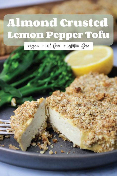 Almond Crusted Lemon Pepper Tofu is an easy vegan entrée recipe made with just 10 ingredients. This plant based dinner recipe is ready in 35 minutes for a quick healthy meatless meal. This crispy breaded tofu is oil-free, gluten-free, and delicious! While it is great on its own, this plant based protein can also be added to salads, pastas, and sandwiches. Visit rootyfruityvegan.com for this irresistible tofu recipe and more tasty vegan recipes! #veganrecipe #tofurecipe #meatlessmeals Lemon Pepper Tofu, Tofu Cutlets, Crusted Tofu, Pepper Tofu, Tofu Recipes Vegan, Meatless Meal, Tempeh Recipes, Bake Chicken, Tofu Recipe