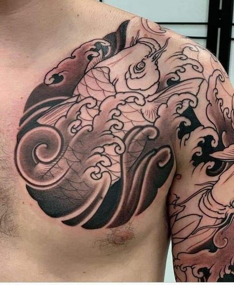 Fish Tattoo Japanese, Chest Tattoo Japanese, Dragon Koi Tattoo Design, Nautical Tattoo Sleeve, Evolution Tattoo, Japanese Koi Fish Tattoo, Koi Tattoo Sleeve, Dragon Tattoo Sketch, Koi Tattoo Design