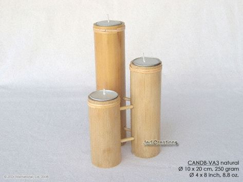 CANDB-VA3 - Bamboo candle holders with candle, bamboo table candles in black, green light brown, maroon, and natural finishes, manufacturer, exporter wholesale directly from Thailand Bamboo Candle Holder, Bamboo Projects, Table Candles, Bamboo Candle, Bamboo Planter, Shell Decorations, Bamboo Table, Bamboo Art, Bamboo Crafts