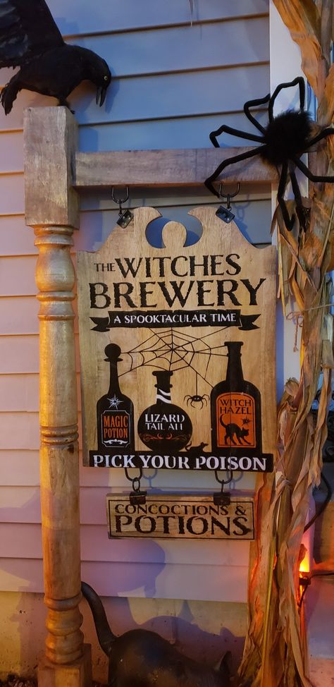 Diy Halloween Wooden Signs, Scary Halloween Signs Diy, Halloween Sign Post, Broom Parking Sign Halloween Witches, Haunted House Signs Diy, Scary Halloween Signs, Hocus Pocus Signs Wood Diy, Headboard Halloween Sign, Halloween Witch Signs