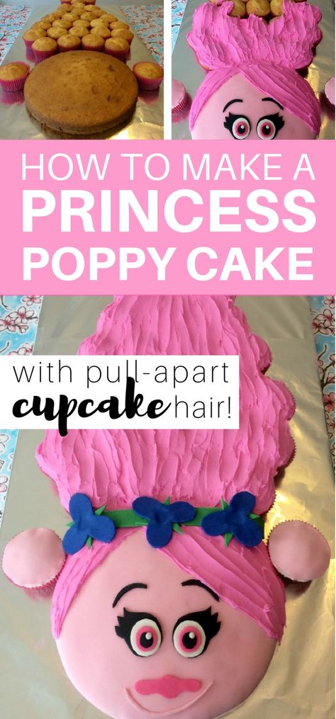 trolls-princess-poppy-pull-apart-cupcake-cake Princess Poppy Cake, Cupcake Hair, Pull Apart Cupcake, Poppy Cake, Trolls Cake, Princess Cupcake, Pull Apart Cupcake Cake, Pull Apart Cake, Cake Pulls