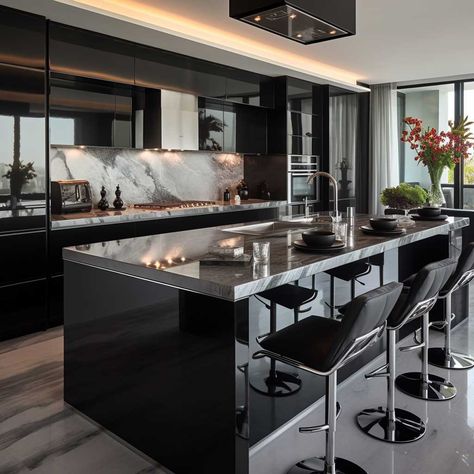 10+ Innovative Design Ideas for Your Modern Black Kitchen • 333+ Images • [ArtFacade] Luxury Kitchens Mansions Modern, Kitchen Aesthetic Black, Beautiful Kitchens Luxury Modern, Huge Kitchen Luxury, Black Kitchen Island Ideas, Bali Kitchen, Luxury Kitchens Mansions, Small Open Plan Kitchens, Statement Kitchen