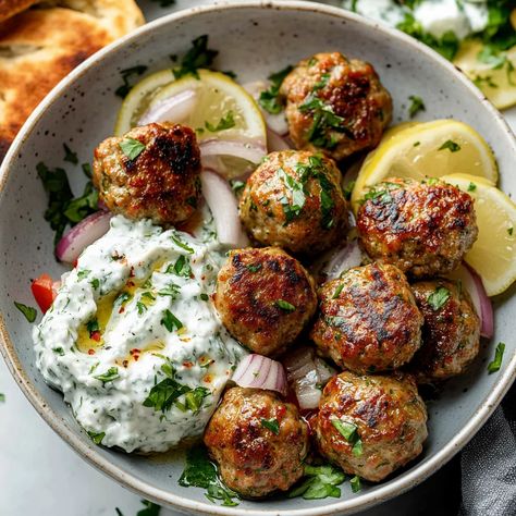 Greek Turkey Meatballs | Delicious Tzatziki Sauce Greek Turkey Meatballs With Tzatziki, Greek Turkey Meatballs With Tzatziki Sauce, Ground Turkey Greek Recipes, Turkey Greek Meatballs, Meatballs With Tzatziki Sauce, Greek Turkey Meatballs, Greek Turkey, Greek Meatballs, Sheet Pan Meals