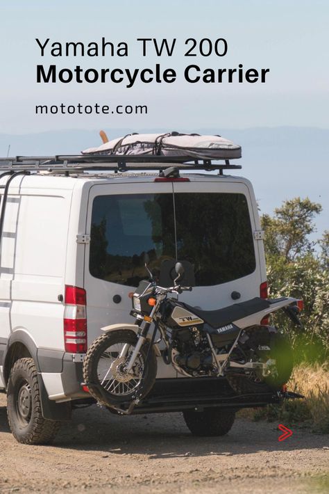 Photographer and athlete, Ryan chooses a MotoTote for hauling his Yamaha TW200 on the back of his 4x4 Sprinter van. Yamaha Tw200, Motorcycle Carrier, Overland Truck, Dual Sport Motorcycle, Adventure Family, Motorcycle Camping, Sport Motorcycle, Travel Van, Dual Sport