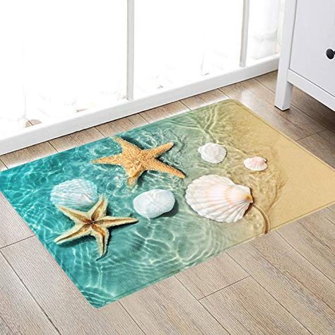 Beach Starfish Scallop Print Sponge Foam Bath Rugs and doormats Non Slip Absorbent Super Cozy Flannel Bathroom Rug Ca... Seashell Bathroom, Bathtub Mats, Seaside Beach, Printed Carpet, Beach Bathrooms, Polyester Rugs, Bathroom Mats, Bath Rug, Bath Rugs