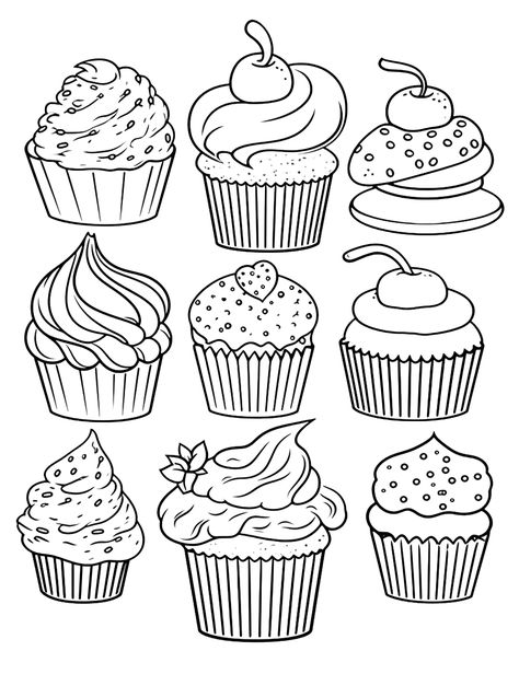 Dessert Galore: An assortment of different cupcakes and other desserts spread out. (Free Printable Coloring Page for Kids) Cupcake Coloring Pages Free Printable, Pinterest Valentines, Cupcake Coloring Pages, Frog Coloring Pages, Food Coloring Pages, Valentine Coloring Pages, Dragon Coloring Page, Coloring Pages Free Printable, Dog Coloring Page