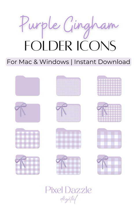 A set of 12 purple gingham folder icons displayed on a desktop, compatible with both Mac and Windows. Included are 6 bonus organizer wallpapers in matching purple gingham patterns. The icons and wallpapers create a coordinated and stylish look for a well-organized digital workspace. Bloc Burg House, Aesthetic Folder Icons, Wallpapers Mac, Aesthetic Folder, Folder Icons For Mac, Purple Gingham, Desktop Wallpaper Organizer, Desktop Icons, Folder Organization