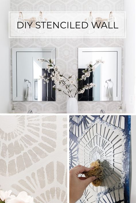 Want a beautiful feature wall without dealing with the hassle of wallpaper? Try stenciling a wall! This DIY tutorial will walk you through what you need to know to beautifully stencil a wall in a weekend. Paint Stencils For Walls Bathroom, Tone On Tone Wall Paint Stencil, Kitchen Accent Wall Wallpaper, Wall Stencil Patterns Bathroom Simple, Faux Wallpaper Paint Stencil, Bathroom Paint Stencil Ideas, Easy Wall Papering Ideas, Wallpaper Wall In Bathroom, Modern Stencil Patterns Wall