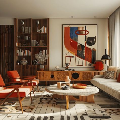 Arts And Crafts Interiors Living Rooms, Modern Mid Century Architecture, Mid Century Interior Living Room, Eclectic Modern Interior, Midcentury Interior Design Living Room, American Contemporary Interior, Art Deco And Mid Century Modern, Living Room Sideboard Decor Ideas, Beautiful Apartments Interior