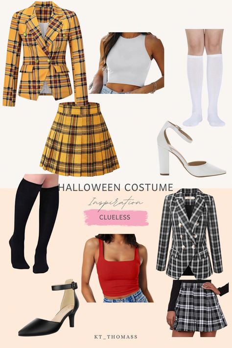 Halloween inspo, halloween costume ideas, clueless costume, clueless halloween costume 90s Diy Outfits Costume Ideas, Clueless Outfits Halloween, Hannah And Lily, Clueless Costume Ideas, 90s Costume Ideas Woman, Cher Clueless Halloween Costume, Cher Clueless Costume, Cool Girl Costumes, Cher Clueless Outfit