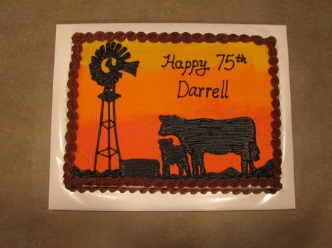 Rancher's Cow/Calf Silhouette Birthday Cake - All BC.  I got the basic idea from another CCer (RitzyFritz).....loved the sunset background/silhouette idea she had, then added the windmill  and cow/calf idea the customer suggested.  Did oranges, yellows for background, then piped in cow/calf pair and windmill. Birthday Cake Western, Cattle Cake, Western Birthday Cakes, Farm Cakes, Walmart Cakes, Cow And Moon, Farm Birthday Cakes, Cow Cake, Cowboy Cakes